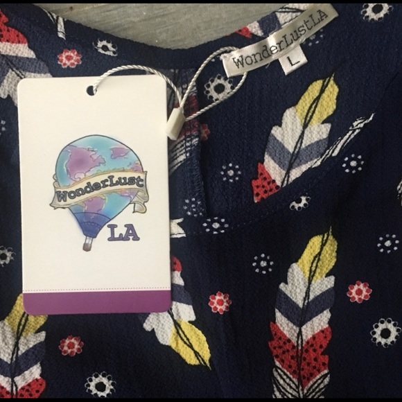 NWT! WonderLust LA Navy Feather Print Shift Dress - Picture 2 of 5